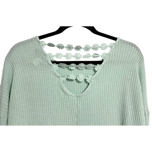 Y2K Top Womens XS Mint Green Waffle Knit Long Sleeve Shirt With Floral Lace Back - Picture 6 of 8